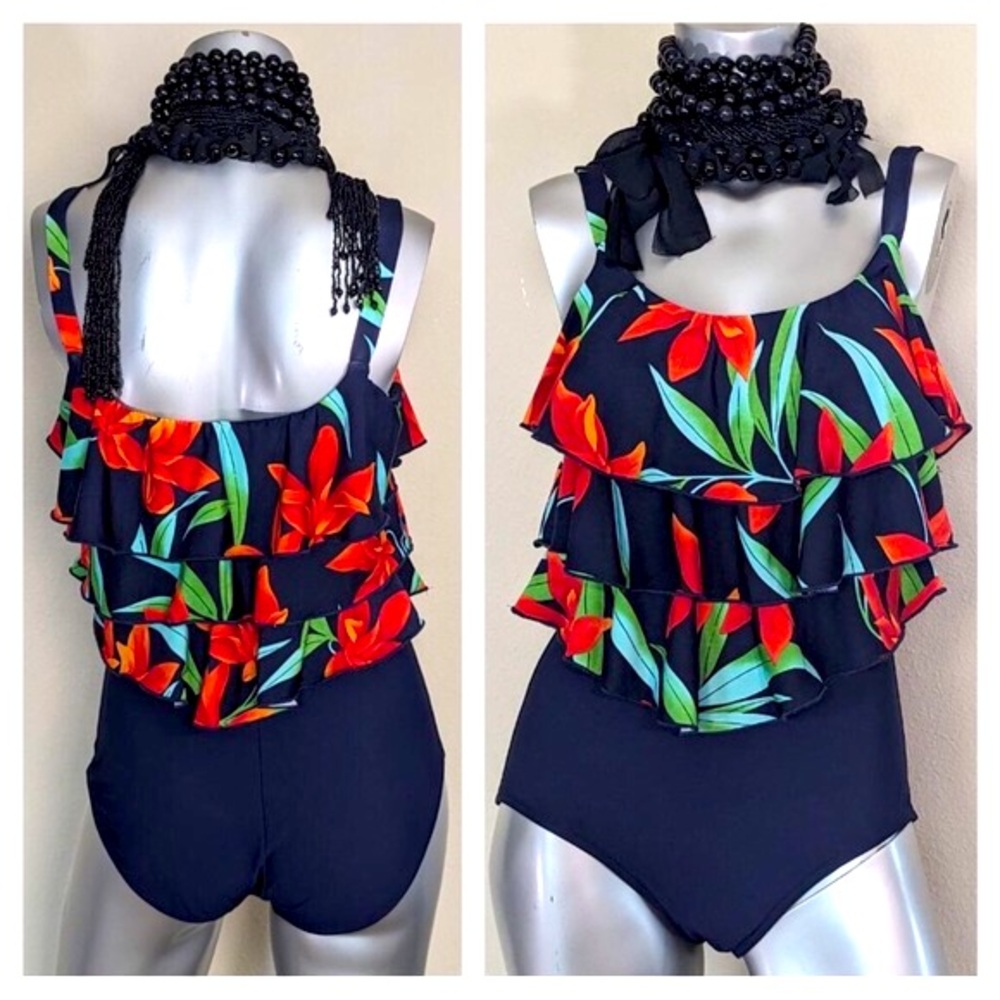 Vibrant Retro Mod Tropical Triple VTG Tiered Floral Ruffled One-piece Swimsuit